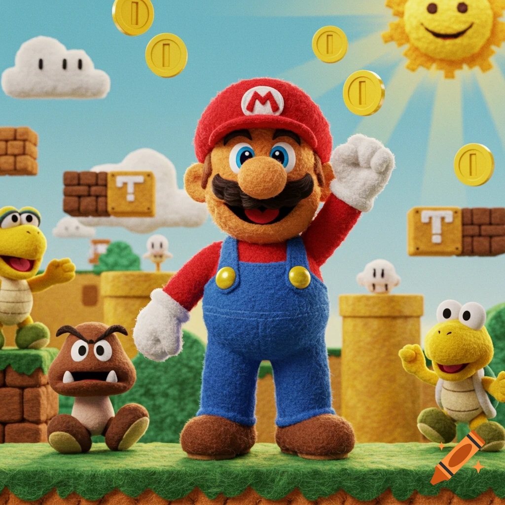 A muppet-style Mario waves in a video game landscape with Goomba, Koopa Troopa, and golden coins under a smiling sun.