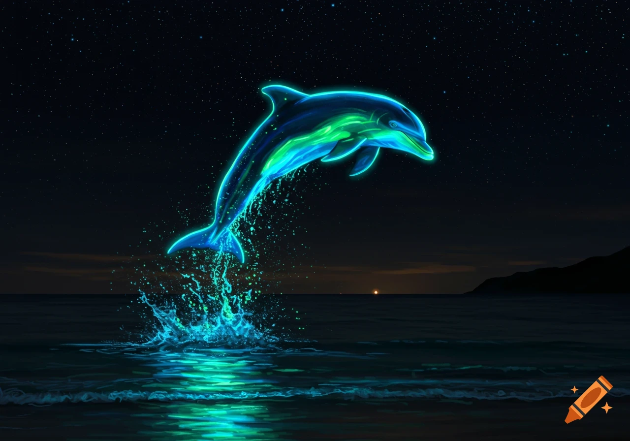 A bioluminescent blue and green dolphin leaps from the dark ocean water under a starry night sky.