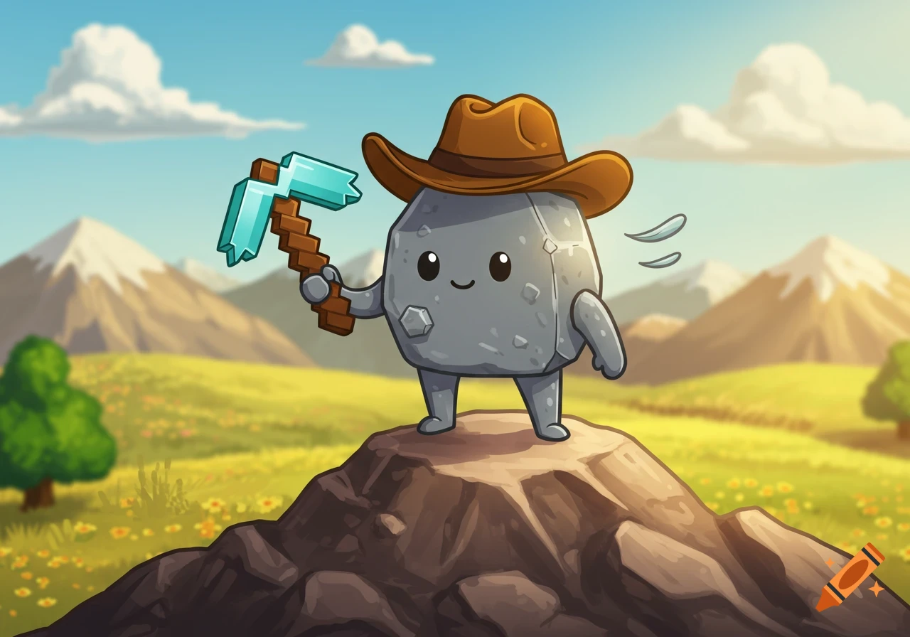 A cute cartoon rock character with a cowboy hat holding a Minecraft diamond pickaxe, standing on a mountain peak with a grassy plain and mountains in the background.