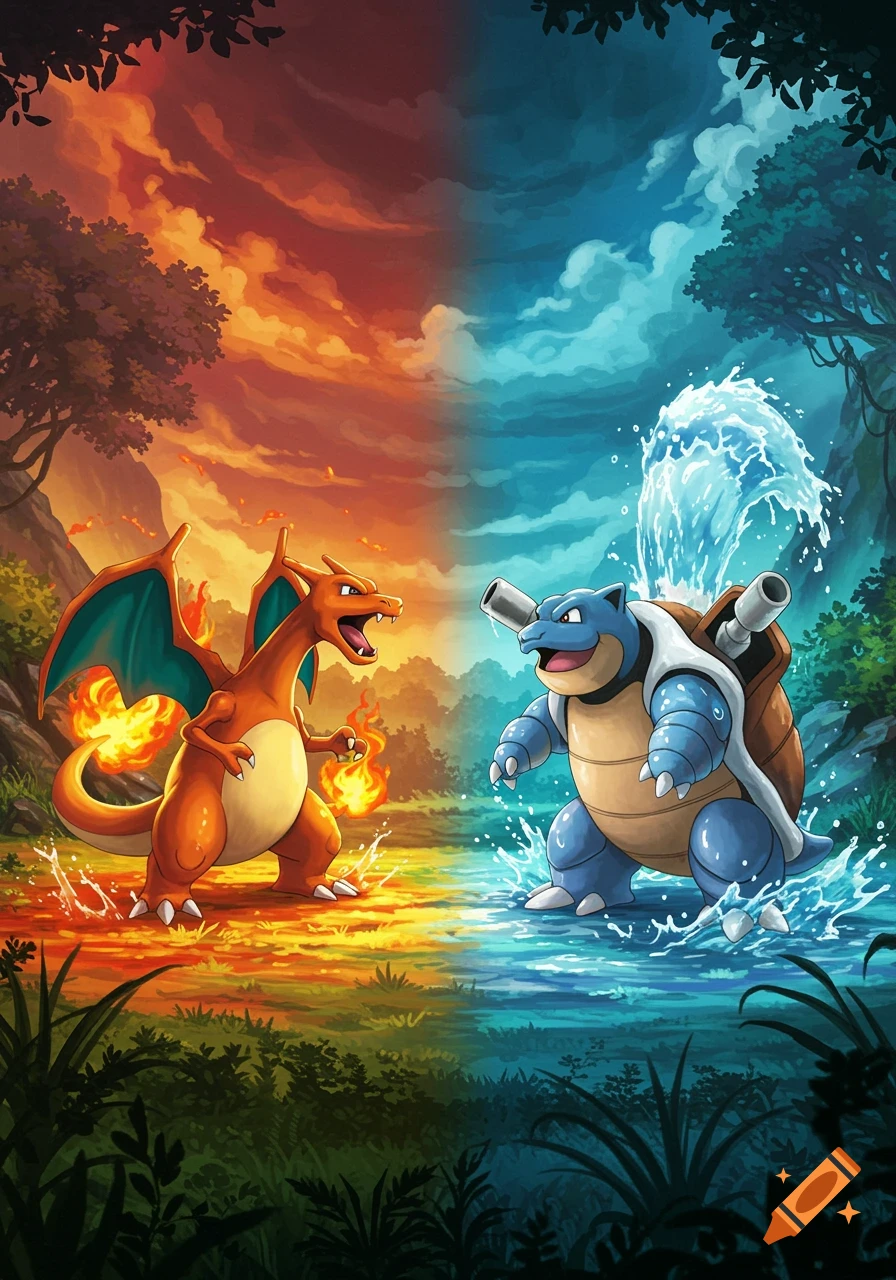 A vibrant split scene showing Charizard on a fiery, orange-red side and Blastoise on a watery, blue side, ready for battle.