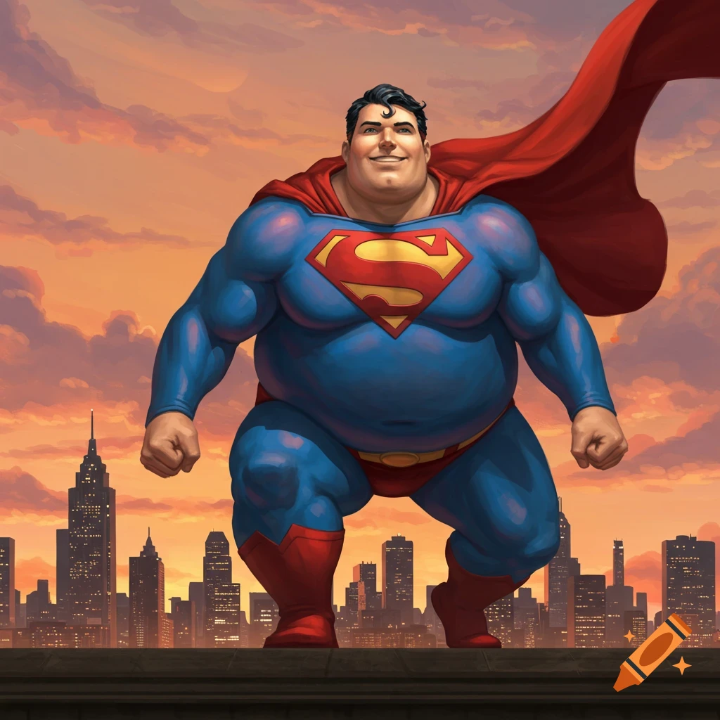 An obese Superman, with a red cape, stands on a city rooftop at sunset, in an illustrative style.