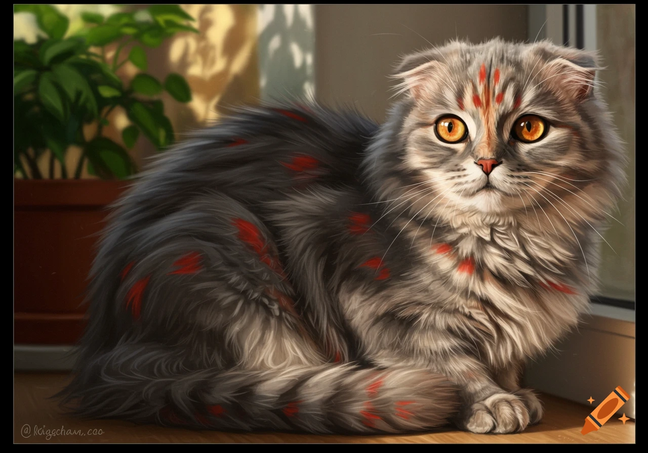 A fluffy grey cat with reddish-orange markings and amber eyes sits indoors, looking forward.