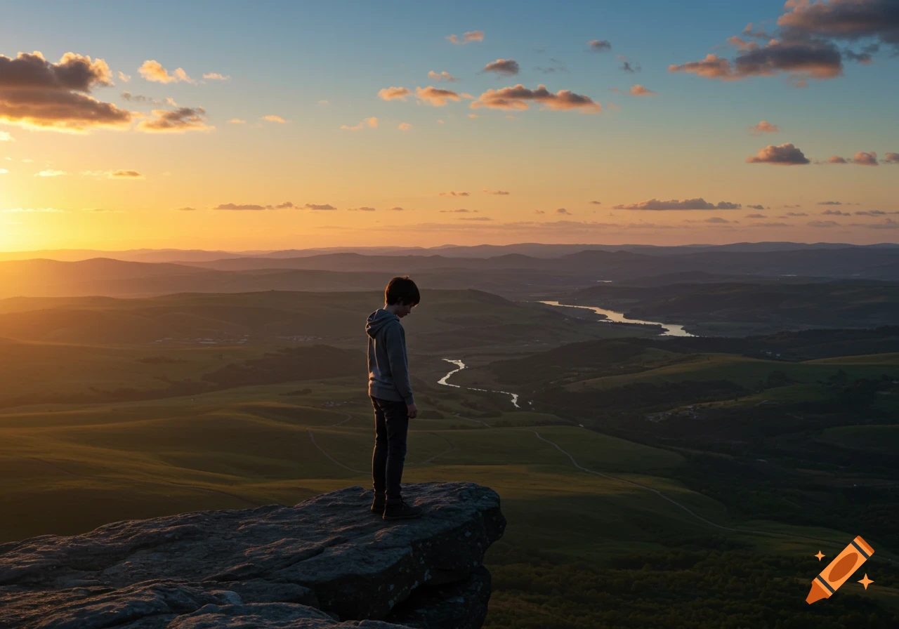 A young boy stands on a rocky cliff, looking down at a vast, green valley with a winding river at sunset.