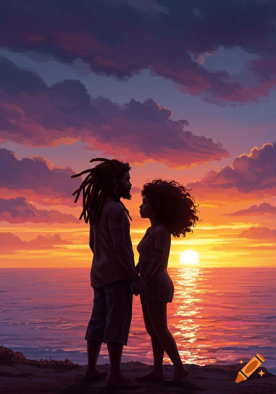 An illustration of a couple, a man with dreads and a woman with curly hair, holding hands at sunset over the ocean.