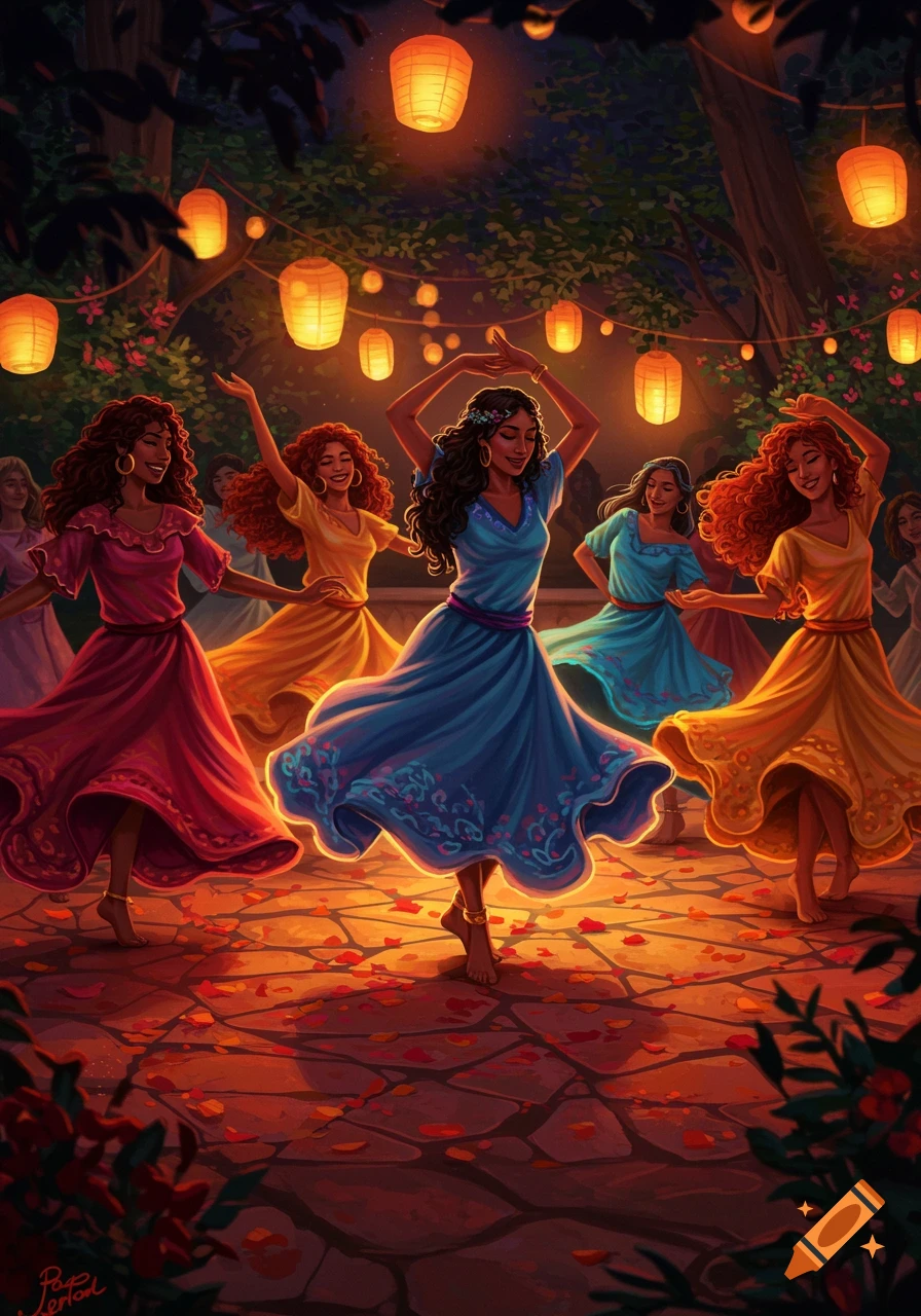 Multiple women with flowing dresses dance under glowing lanterns at night, with scattered petals on the ground.