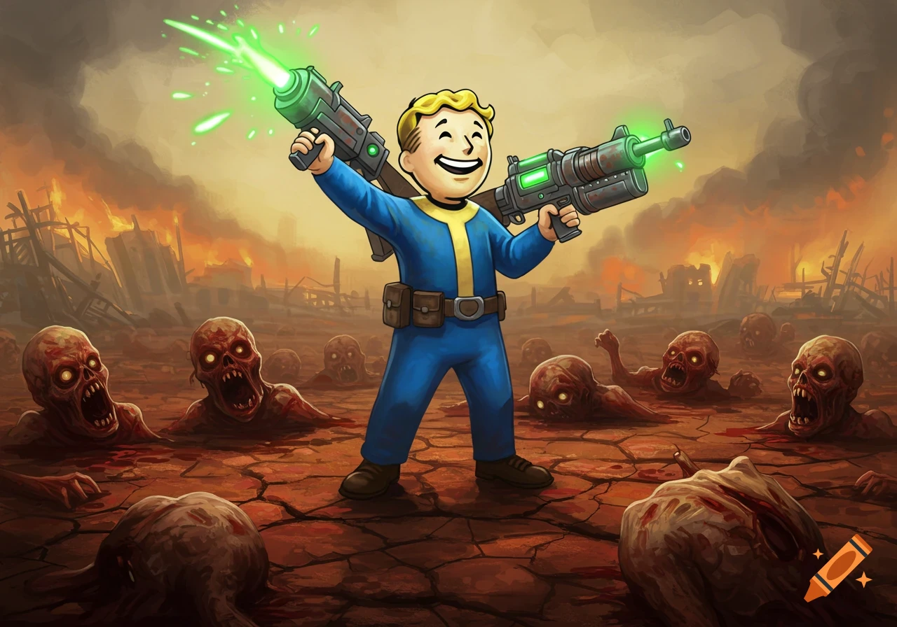 Cartoon Vault Boy character smiling, holding two laser guns, surrounded by ghouls in a burning, post-apocalyptic wasteland.