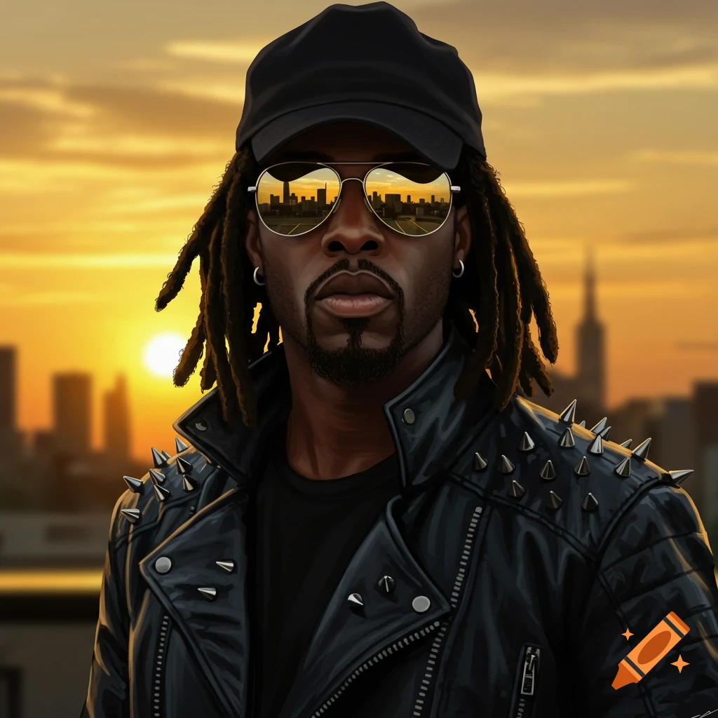 A man with dreadlocks, a black cap, sunglasses reflecting a city, and a spiked leather jacket, against a sunset cityscape.