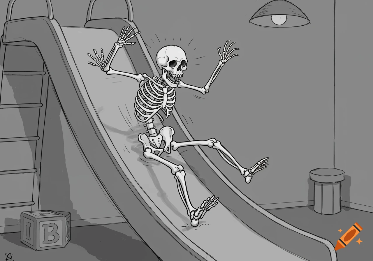 A black and white sketch of a skeleton sliding down an indoor slide, with a block labeled 'IBO' nearby.