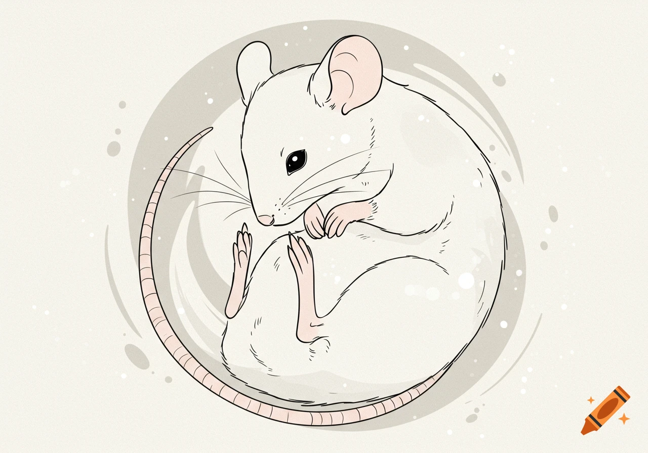 A stylized white mouse curled up in a circle, with pink ears and tail, in a minimal outline drawing.