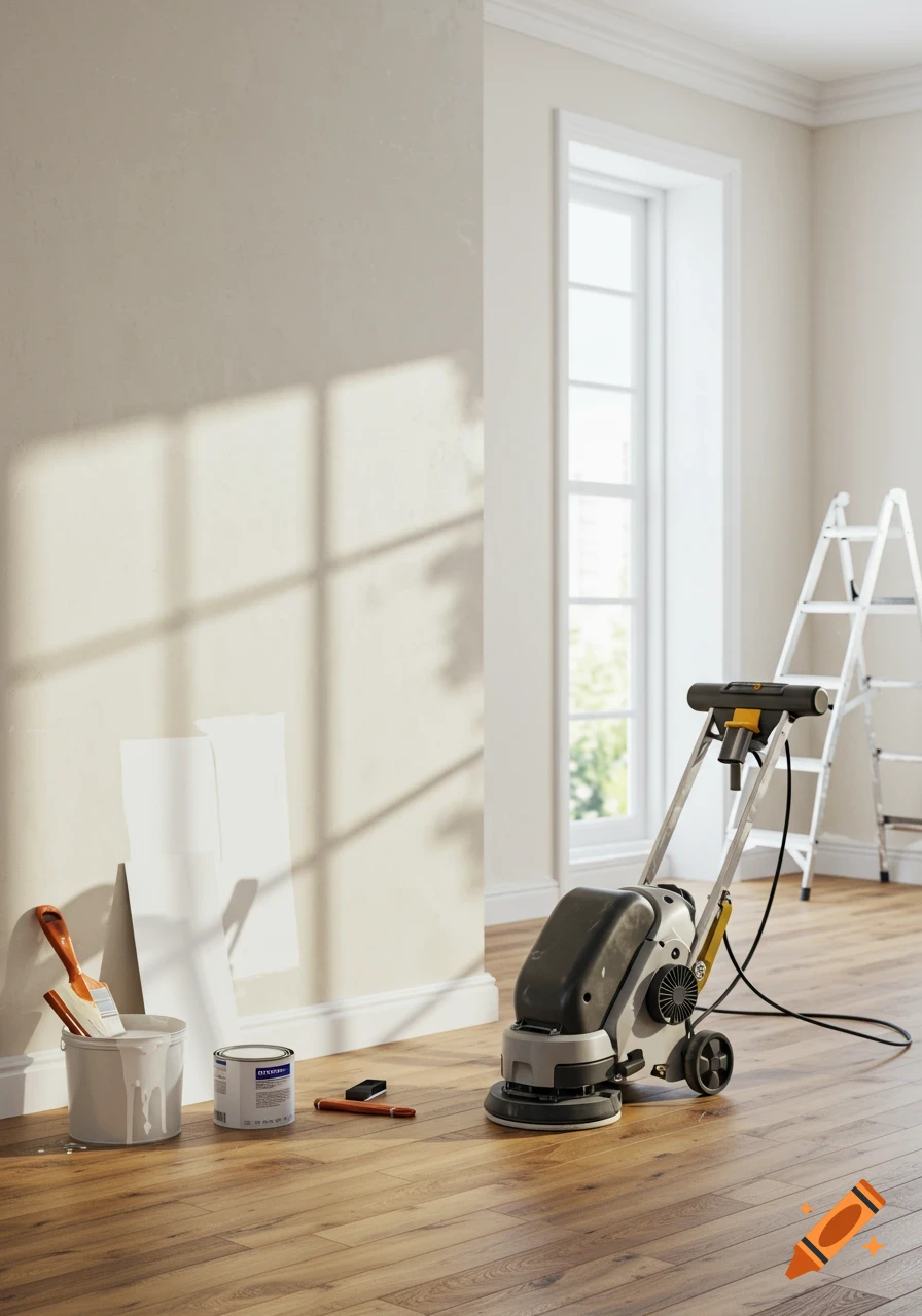 An empty room being renovated with a floor sander, paint cans, brushes, and a ladder on a wooden floor.
