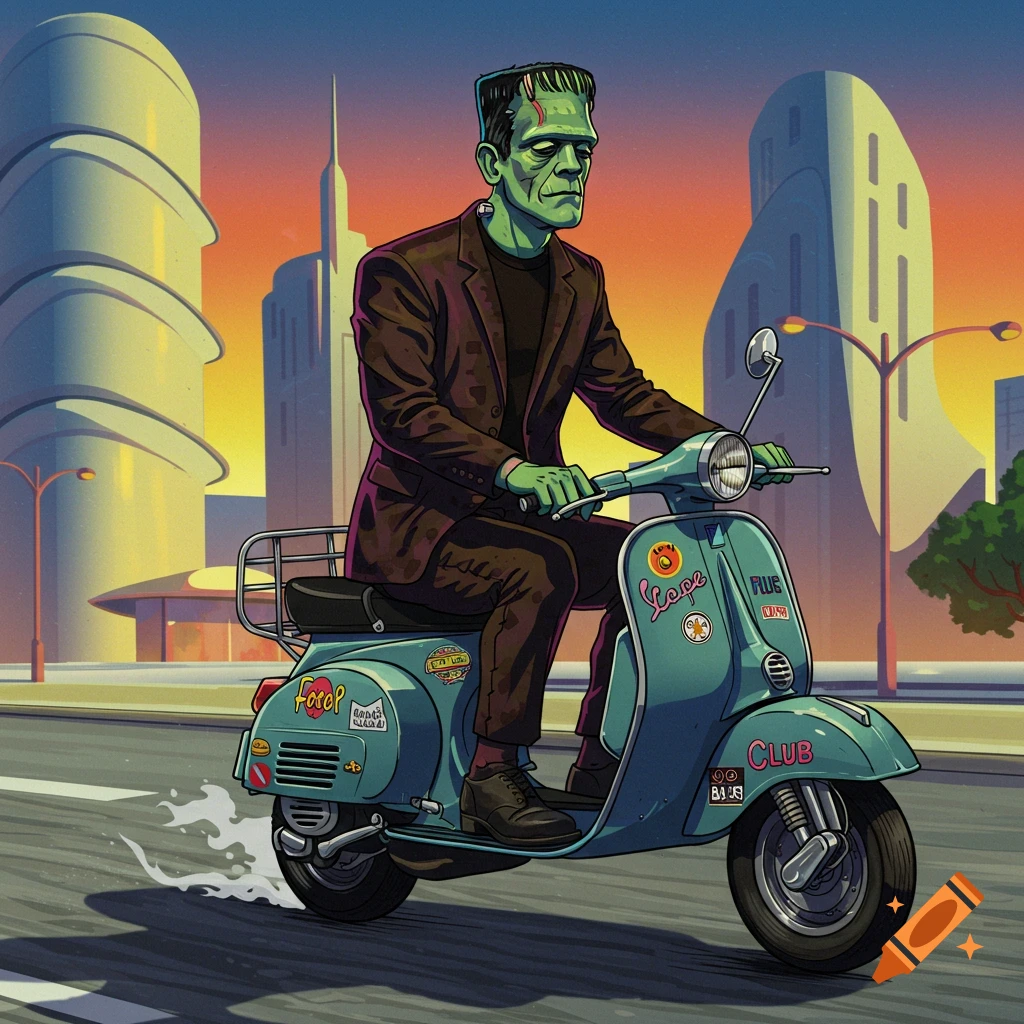 Frankenstein's monster, dressed in a brown suit, rides a teal Vespa scooter down a city street at sunset, in a retro cartoon style.