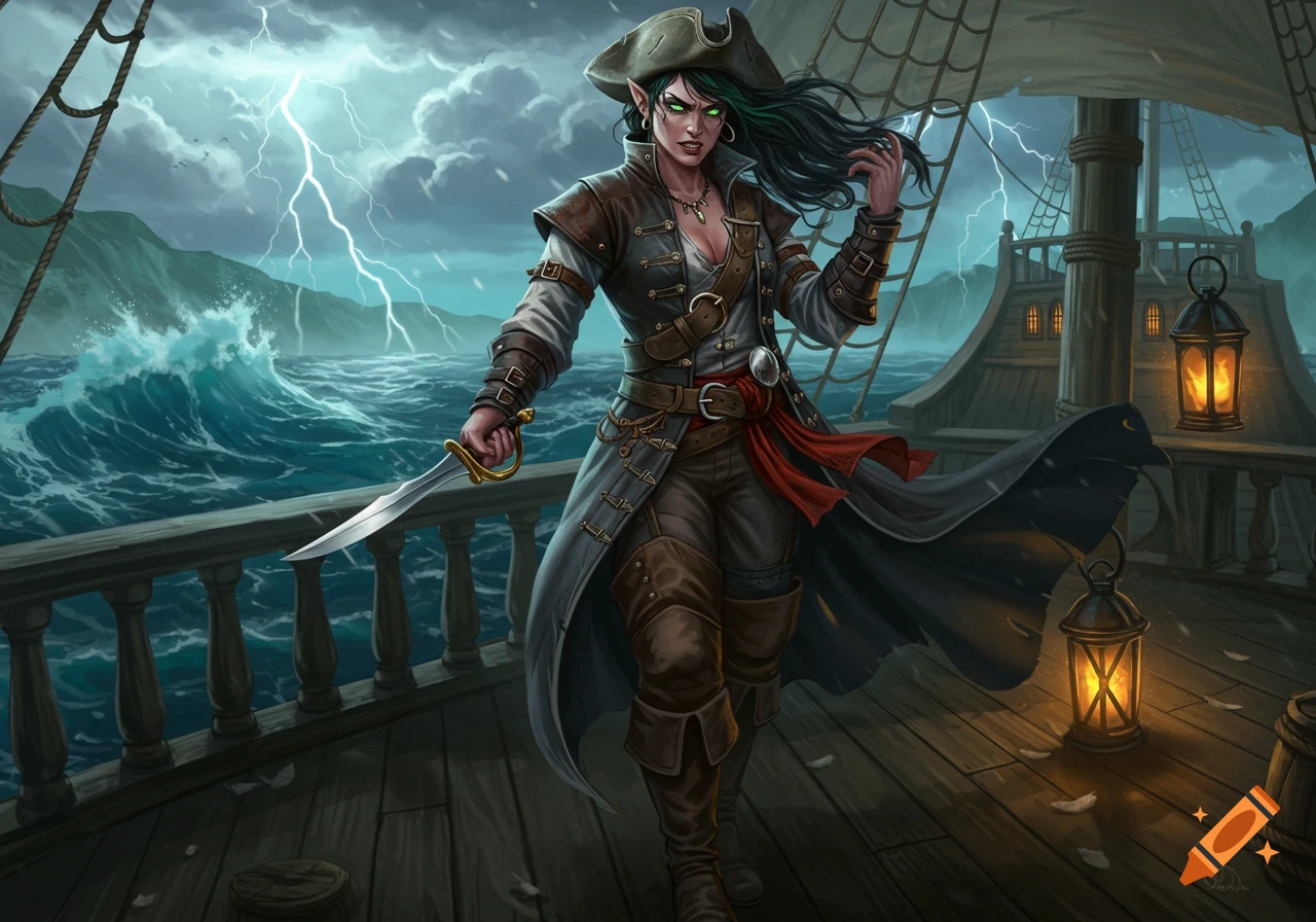 A scowling half-elf female pirate with dark hair stands on a ship deck in a storm, holding a sword, in a digital painting.