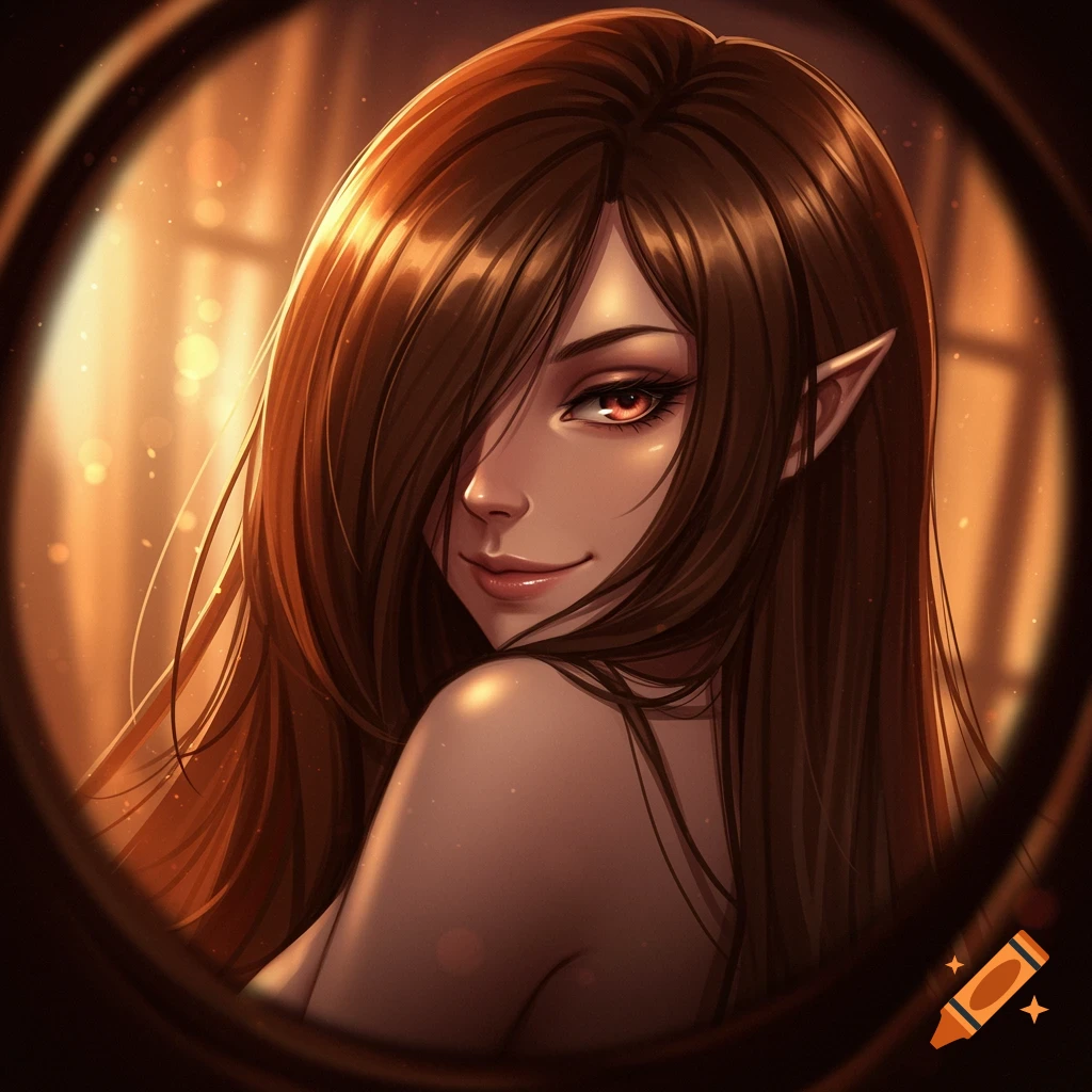Anime portrait of a brown-haired elf woman with a sly grin and glowing orange eyes, looking over her bare shoulder.