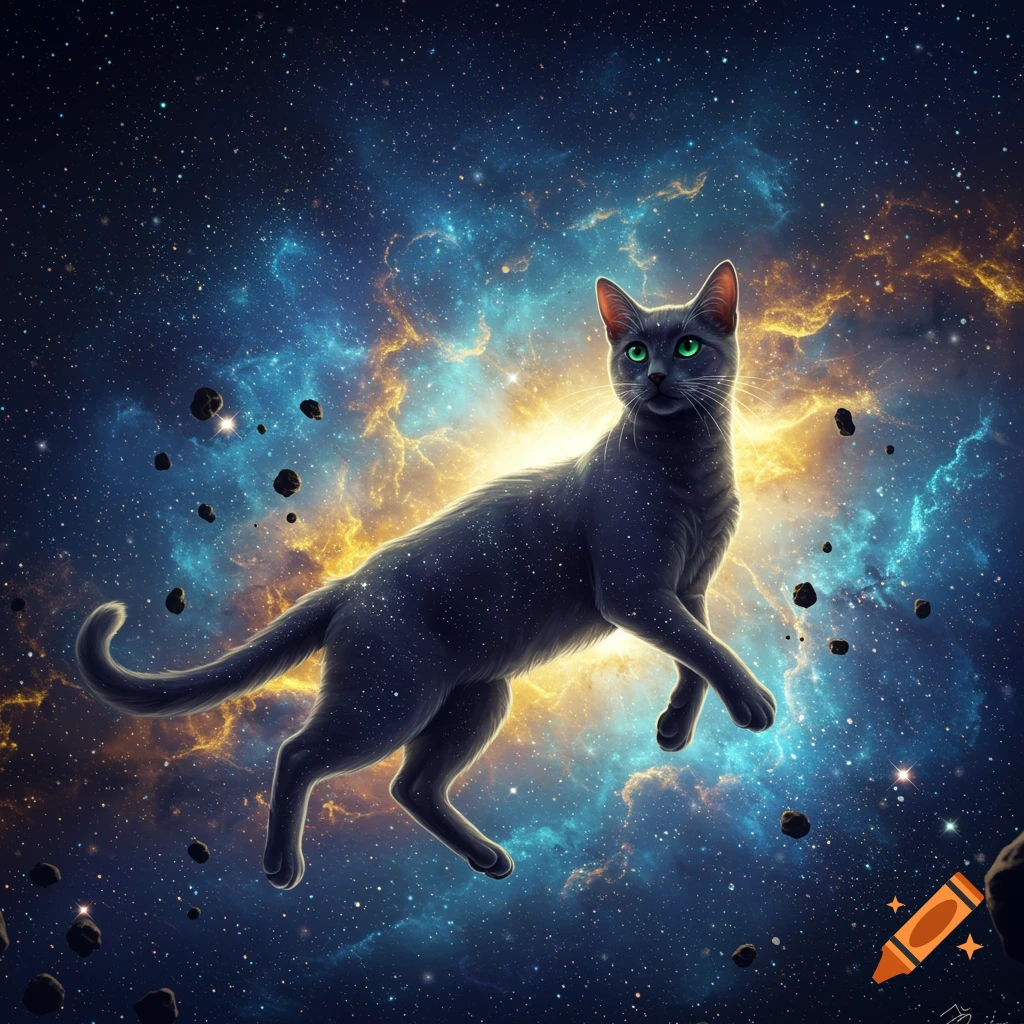 A black cat with glowing green eyes floats gracefully through a vibrant cosmic nebula filled with stars and asteroids.