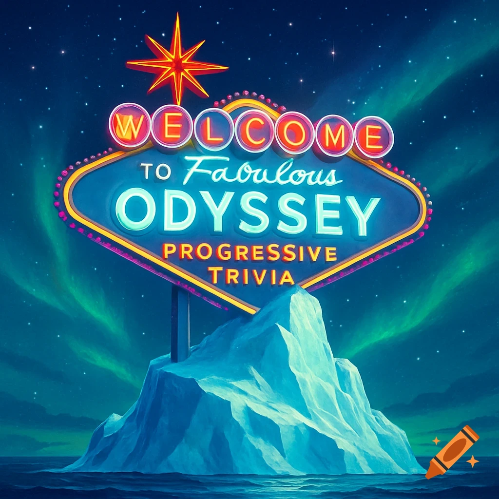 A neon 'Welcome to Fabulous Odyssey Progressive Trivia' sign atop an iceberg under a starry, aurora-lit night sky.