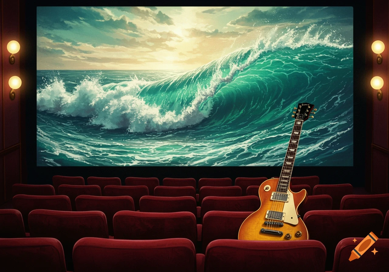 A guitar stands in front of red cinema seats, facing a large screen displaying a painting of green ocean waves.