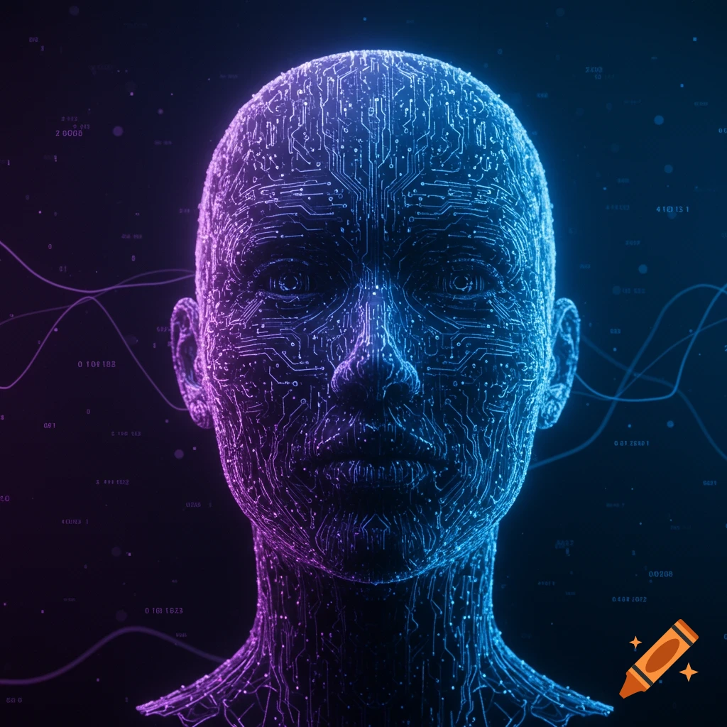 A glowing human head made of intricate blue and purple circuit board patterns against a dark, digital background.