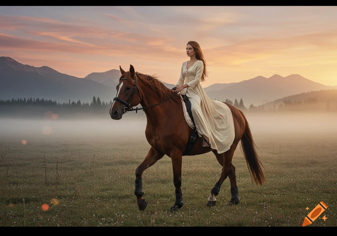 A woman in a long dress rides a horse through a misty field at sunrise with mountains in the background.