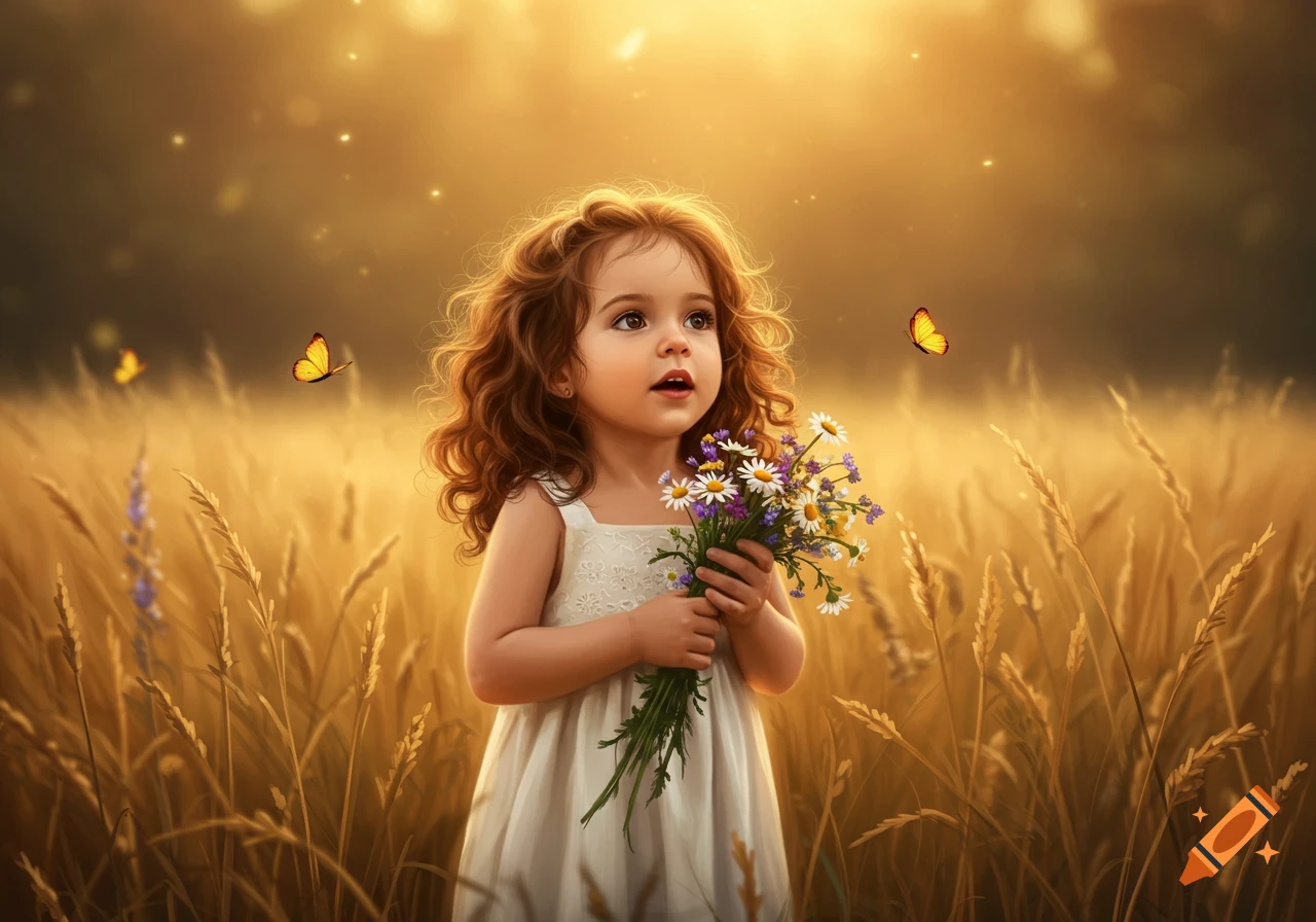 A young girl with curly red hair stands in a golden wheat field, holding a bouquet of wildflowers, looking up. Two butterflies are visible in the soft, glowing light.