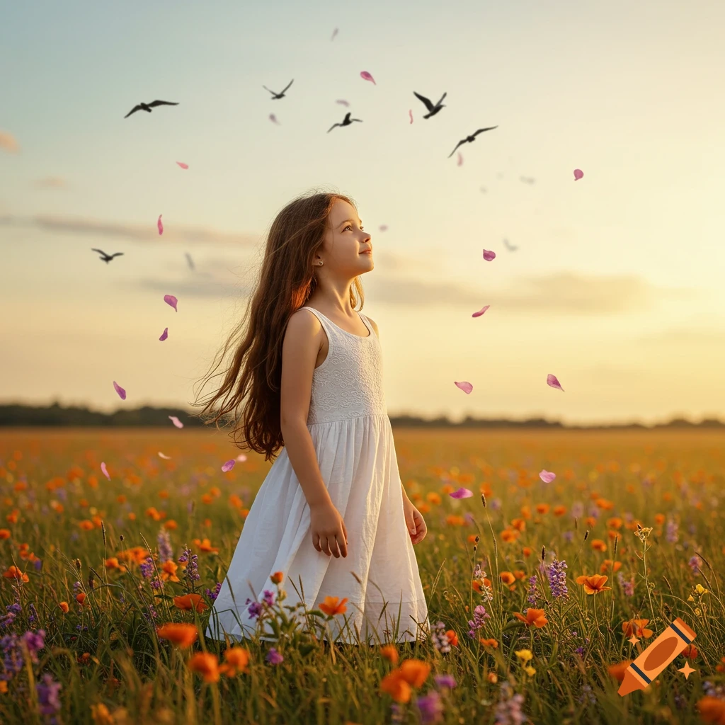 A young girl in a white dress stands in a field of wildflowers, looking up at birds and falling petals against a sunset sky.