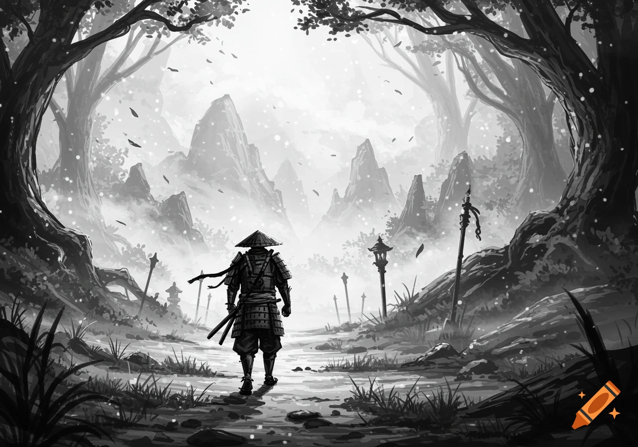 A black and white hand-drawn illustration of a samurai walking away into a misty, mountainous, magical landscape with trees.