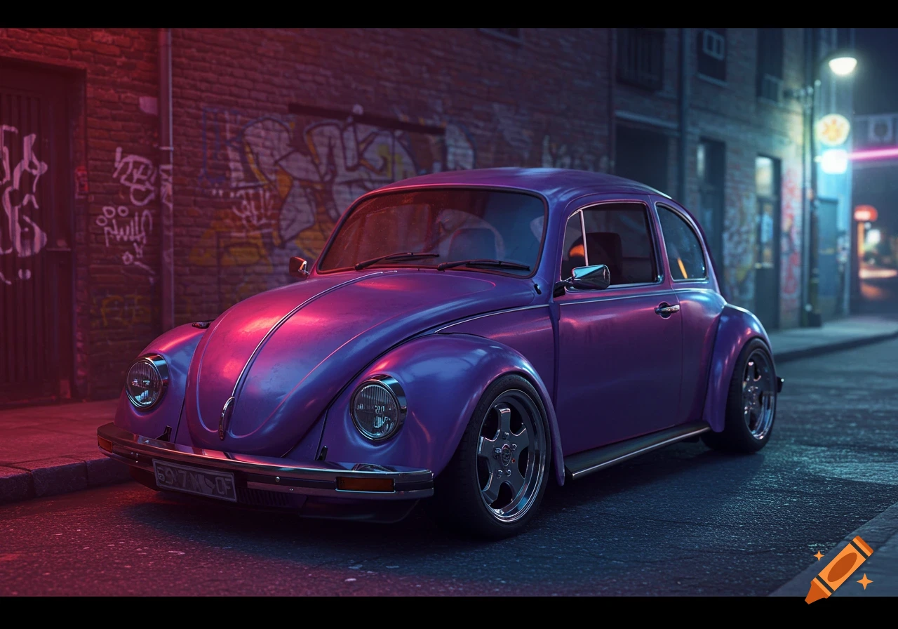 A custom matte purple Volkswagen Beetle with wide fenders and aftermarket wheels parked on a city street at night, with neon lights and graffiti on a brick wall.