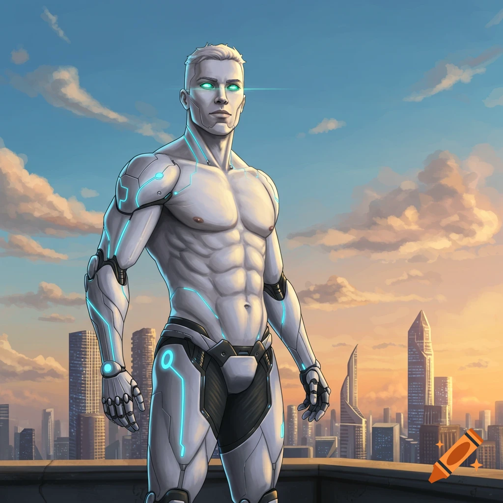A male cyborg superhero with glowing green eyes stands on a rooftop overlooking a futuristic city at sunset.