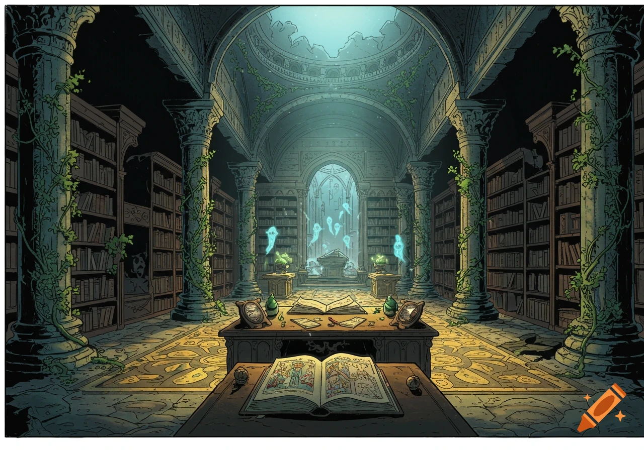 An atmospheric comic book style illustration of an ancient, ruined library filled with glowing blue ghosts, overgrown with vines.