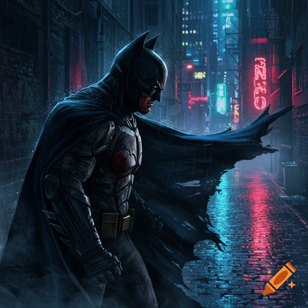 Batman, wounded and gritty, stands in a dark, rainy alley illuminated by neon lights.