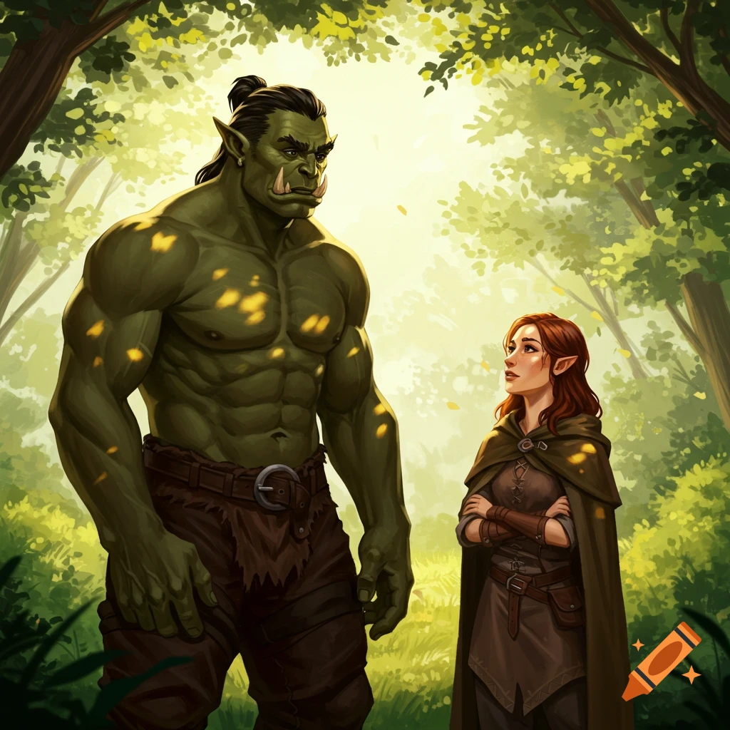 A large green orc stands with a human woman in a sun-dappled forest, in an illustrated style.