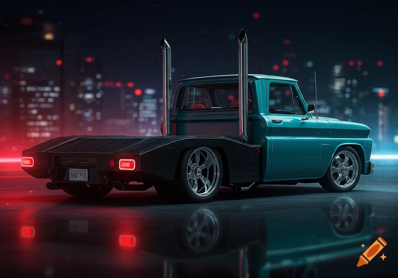 A customized teal flatbed truck with large chrome exhaust stacks and polished wheels, parked on a wet street at night with city lights in the background.