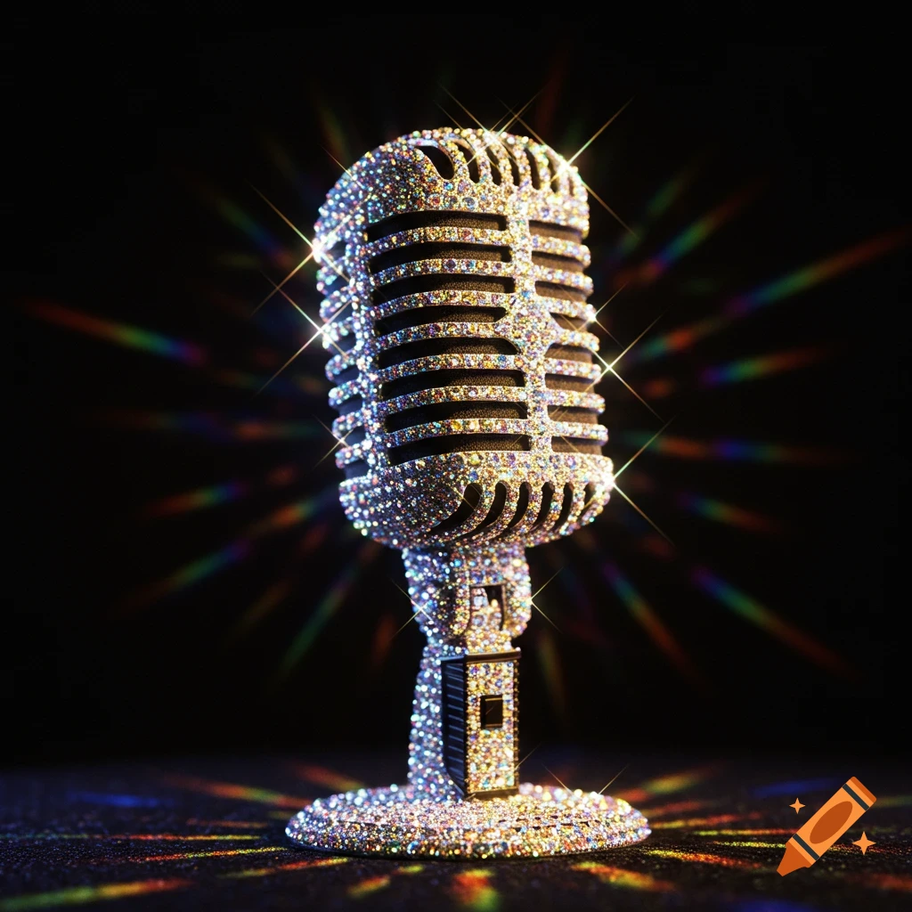 A photorealistic image of a vintage microphone covered in sparkling rainbow-colored jewels against a dark background with colorful light rays.
