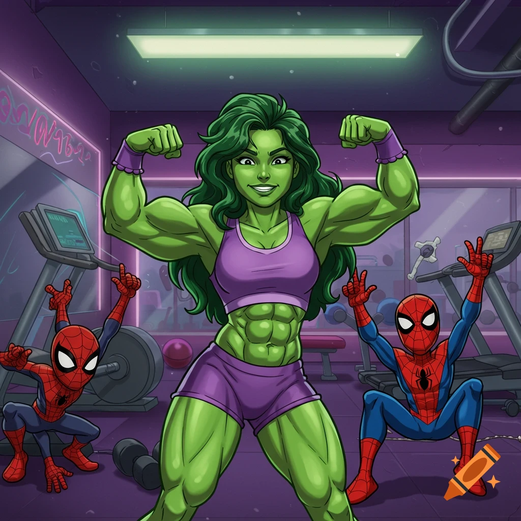 Cartoon She-Hulk flexes her muscles in a gym as two young Spider-Men pose around her.