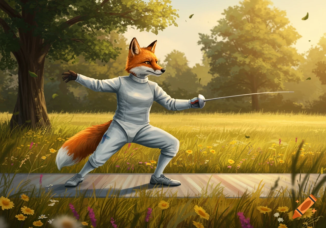 An anthropomorphic fox in a white fencing suit holds a foil, standing in a sunny, grassy field. Digital illustration.