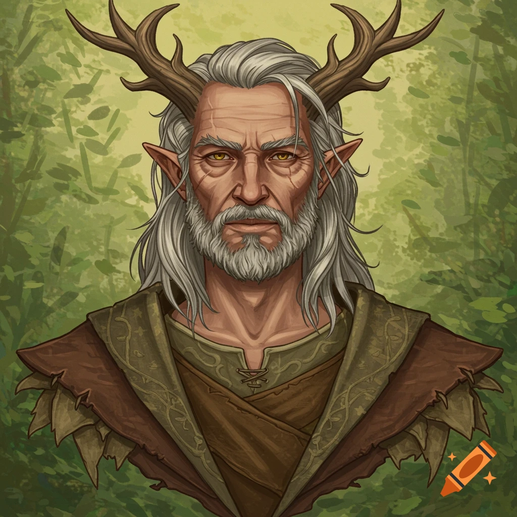 An older male fantasy character with antlers, long white hair, and a beard, in an illustrative style against a forest background.