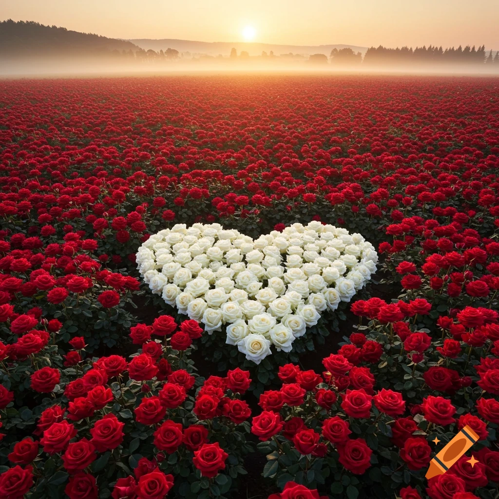 A vast field of vibrant red roses with a large heart shape made of white roses in the center, at sunrise.