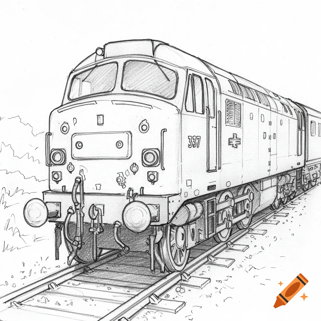 Detailed black and white sketch of a Class 37 diesel locomotive on railway tracks.