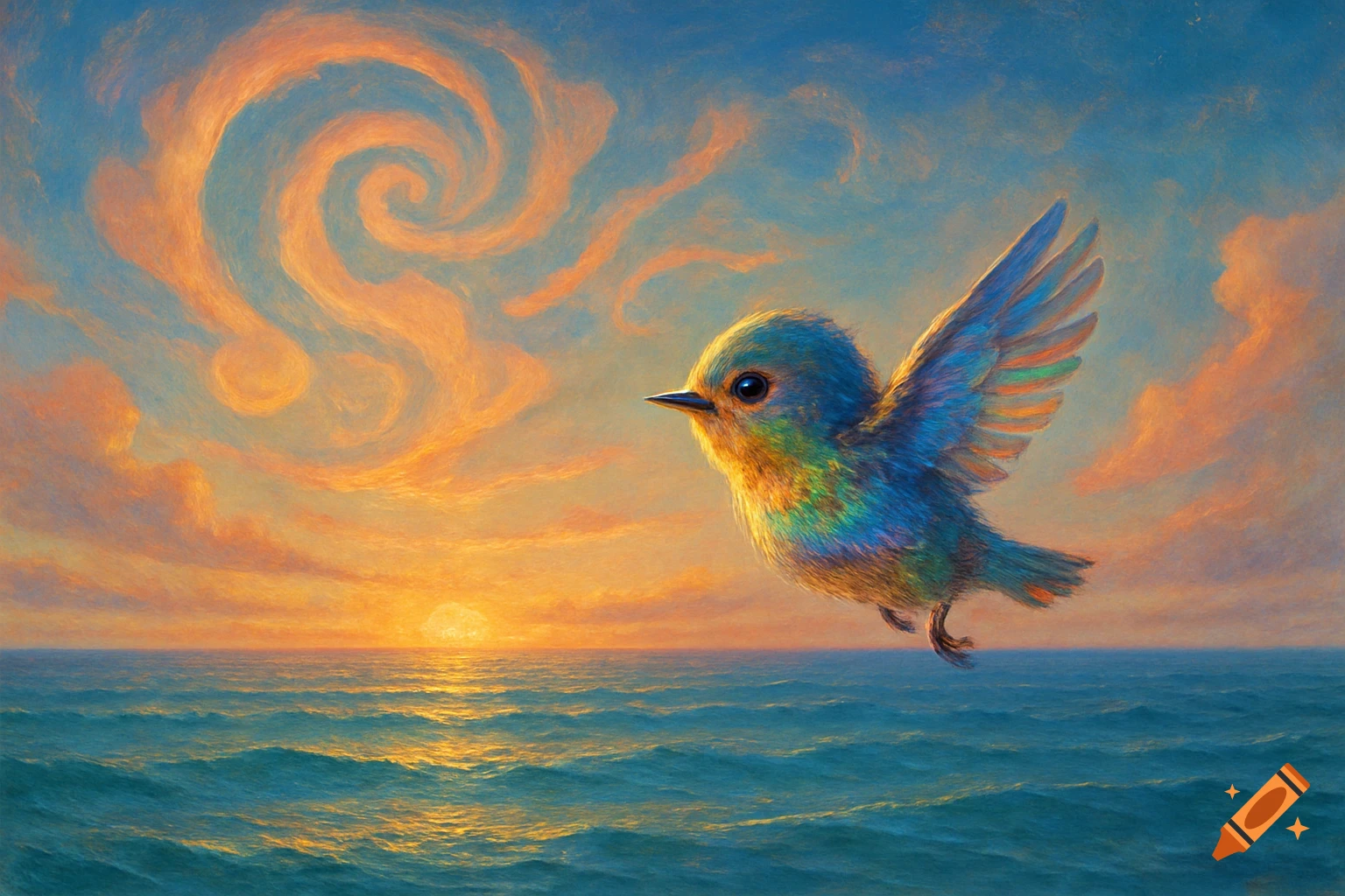 A colorful baby bird flies over a calm ocean with a vibrant sunset sky and swirling clouds.