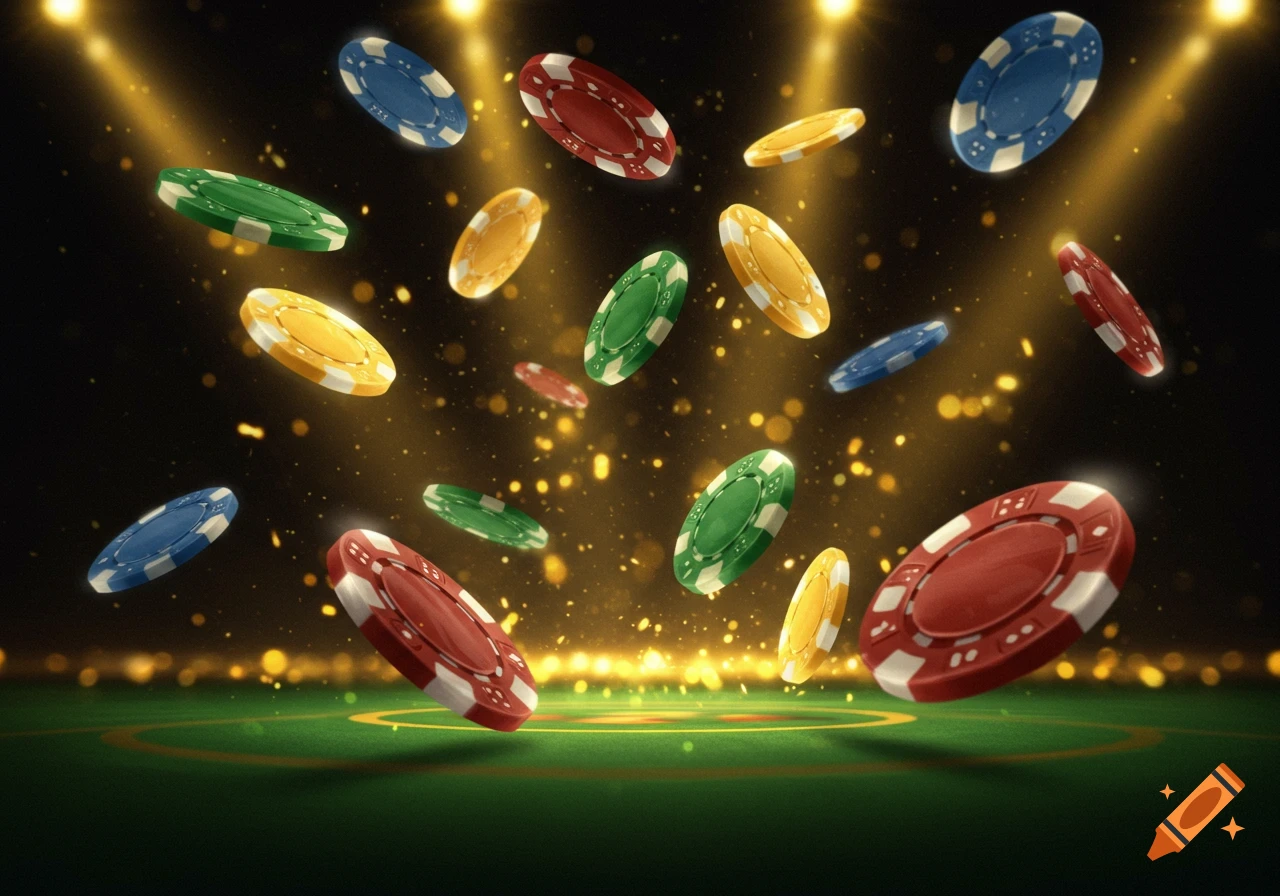 Vibrant red, blue, green, and yellow poker chips float above a green felt table, illuminated by bright golden spotlights and sparkling bokeh lights.