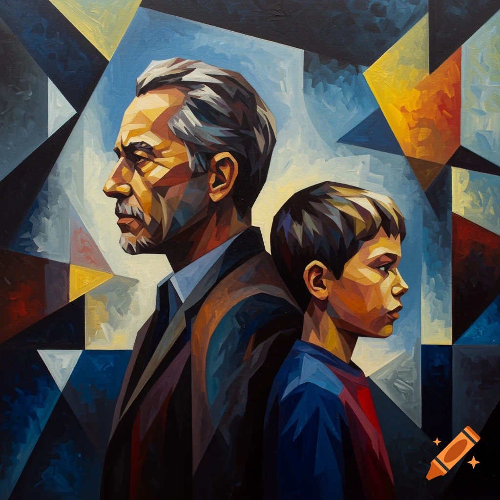 Abstract cubism painting of an older man and a young boy standing back to back against a geometric background.