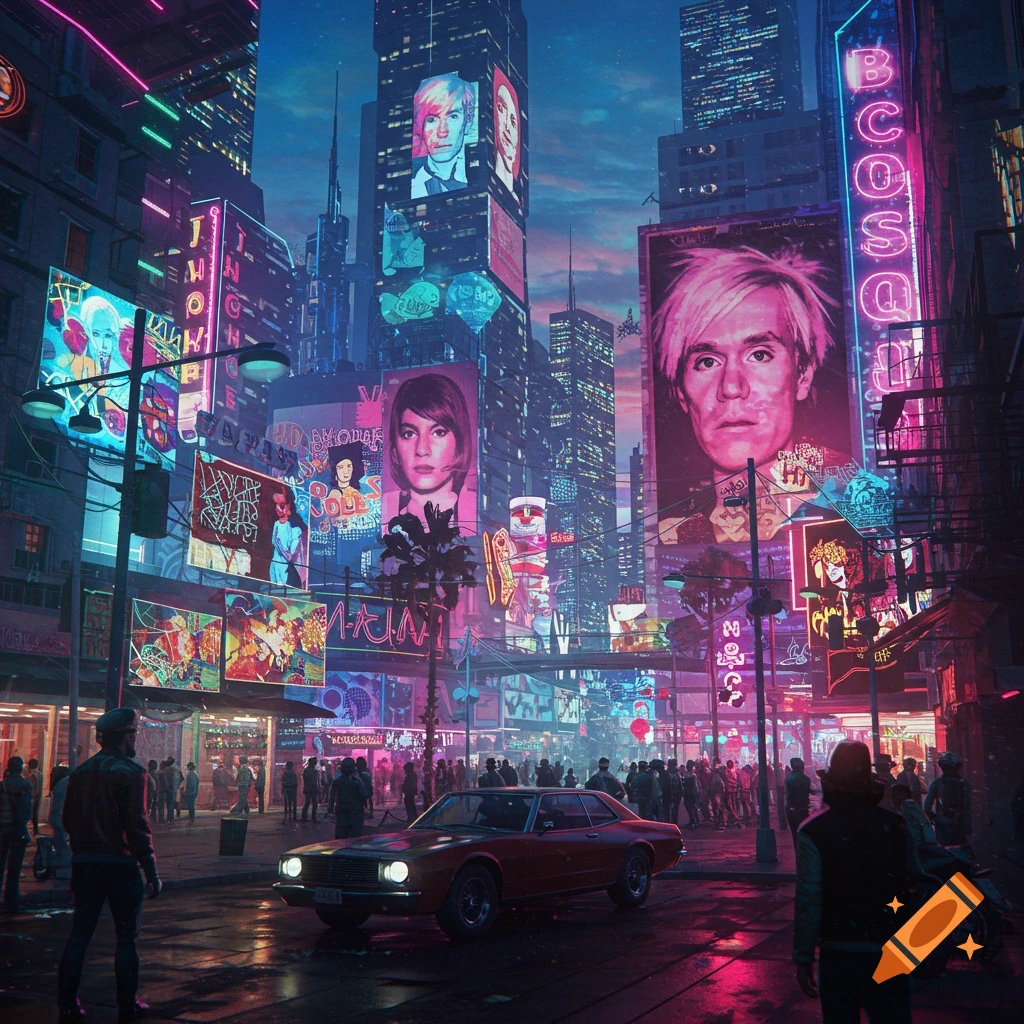 A vibrant cyberpunk city street at night, illuminated by neon signs and giant billboards, including one featuring Andy Warhol. A classic car is parked in the middle of the street, with people walking along the crowded sidewalks.