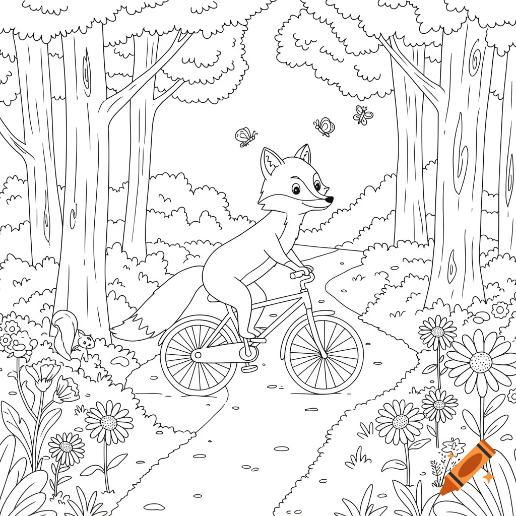 A black and white line art illustration of a cheerful fox riding a bicycle on a winding path through a forest, with butterflies and a squirrel in the foreground.