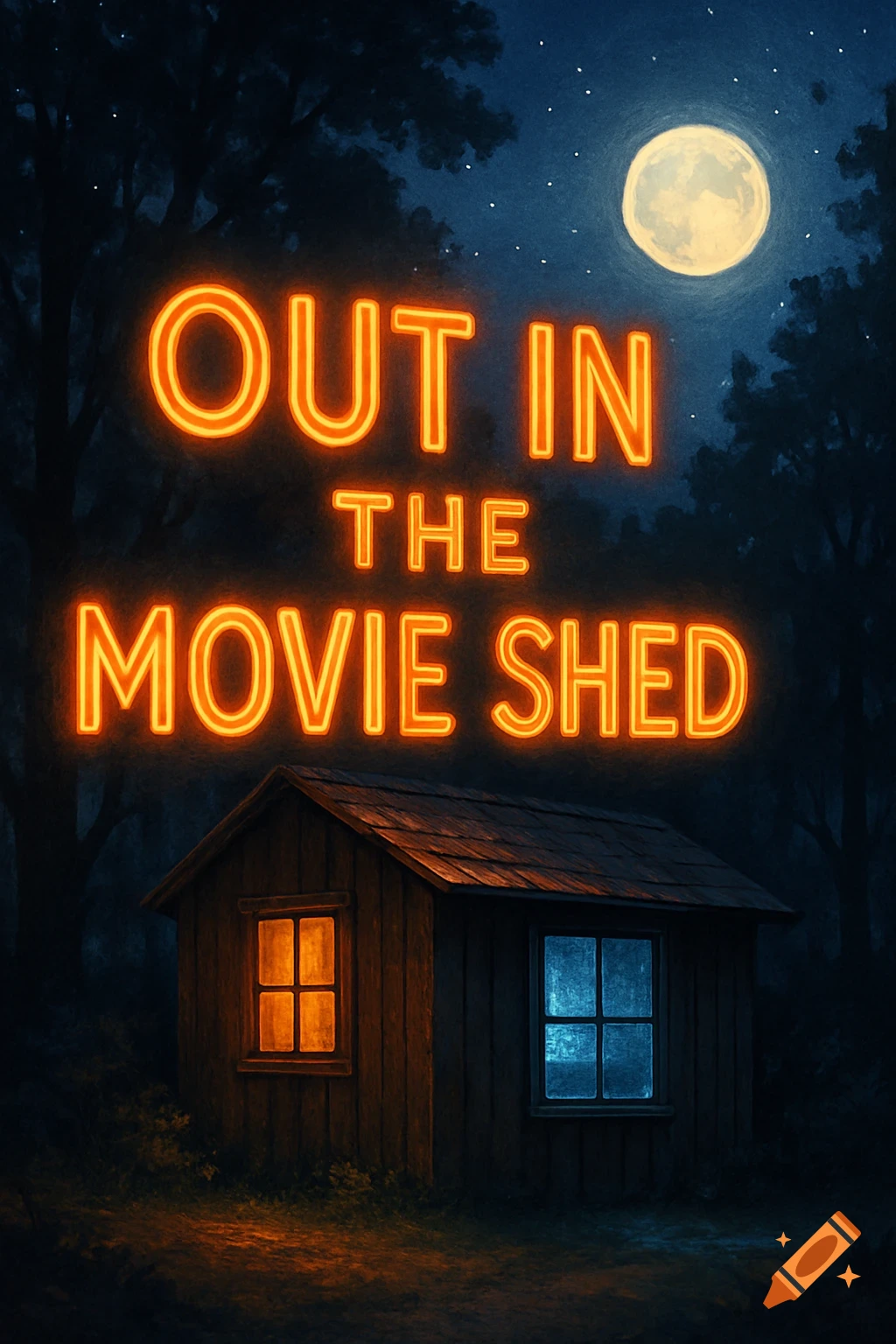 A rustic shed under a full moon in a dark forest, with glowing orange neon text 'OUT IN THE MOVIE SHED' above it.