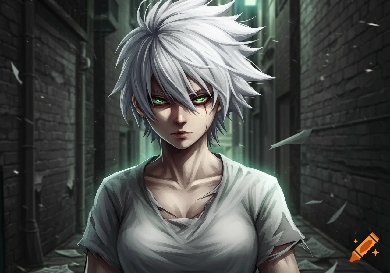 Anime character with spiky white hair and glowing green eyes in a dark alley.