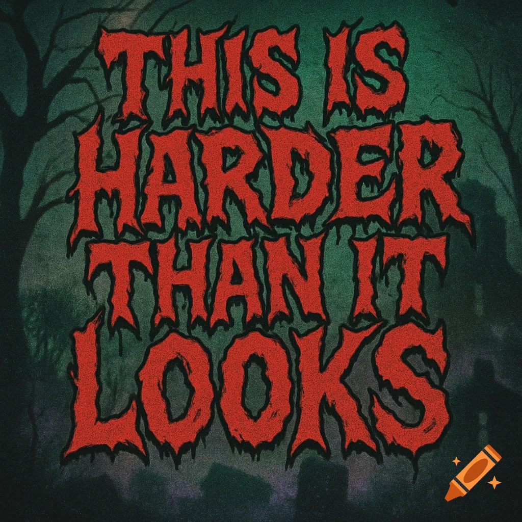 Red horror-style text reads "THIS IS HARDER THAN IT LOOKS" against a dark, grunge background with silhouettes of trees and gravestones.