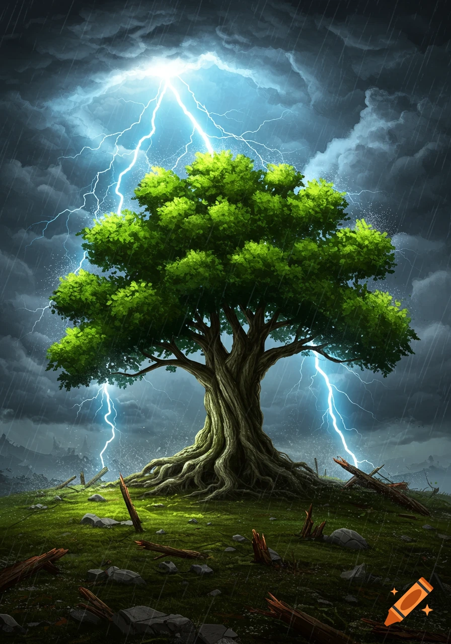 A vibrant green tree stands on a stormy hill as lightning strikes and rain falls, in a digital art style.
