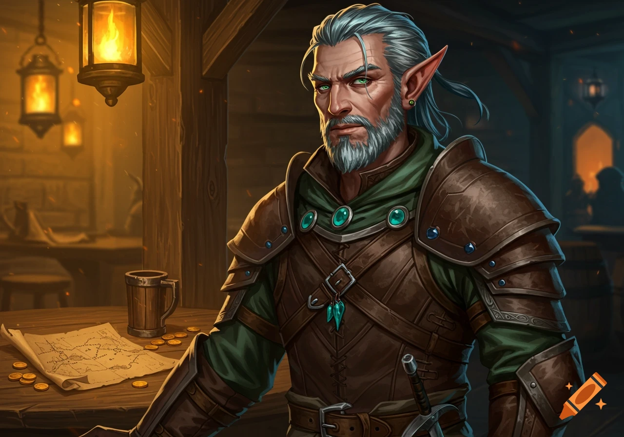 A grizzled older half-elf rogue with a grey beard and green eyes wears leather armor in a dimly lit tavern, a map and coins on the table.