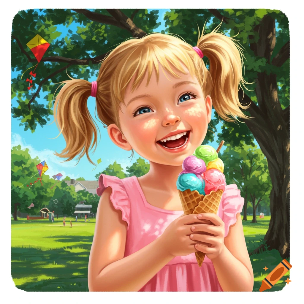 A happy little girl with blonde pigtails in a pink dress smiles while holding a colorful ice cream cone in a sunny park.