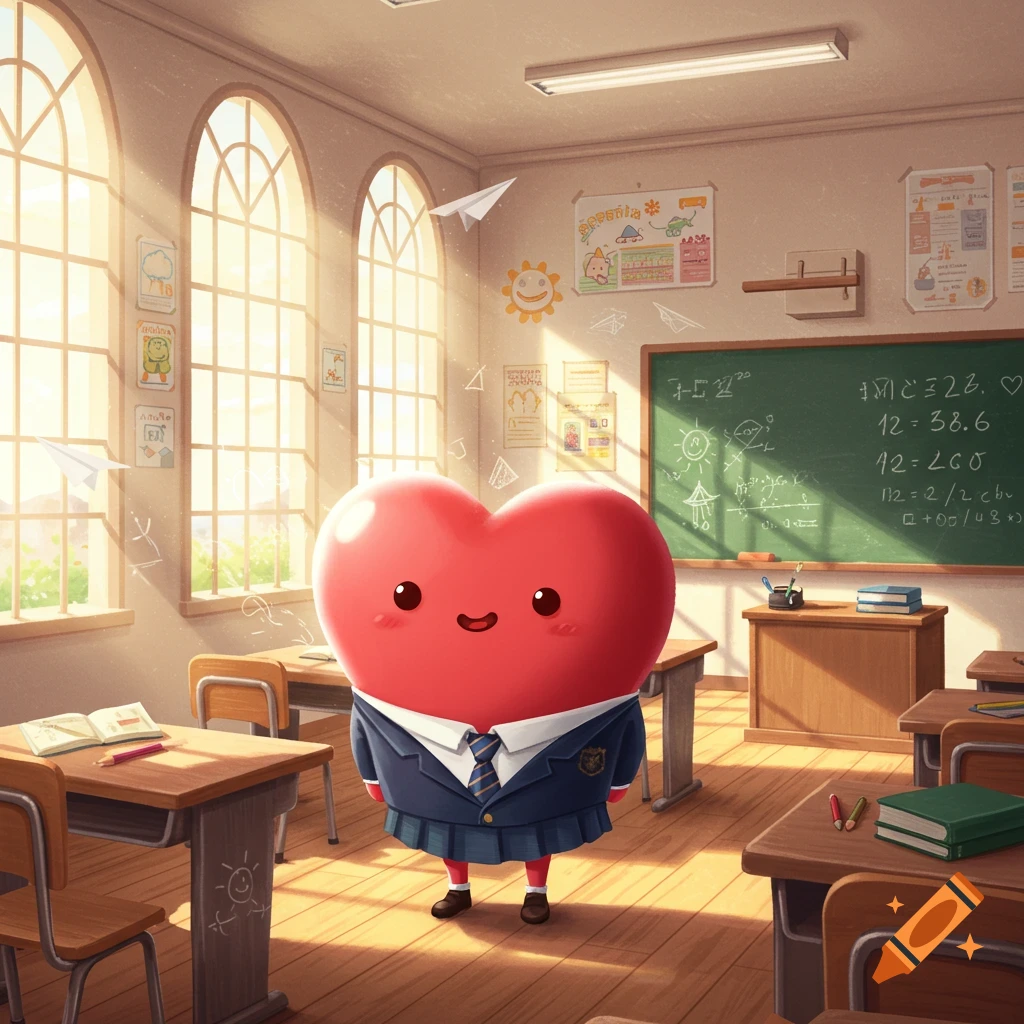 A cute red heart character in a school uniform stands in a sunlit classroom.