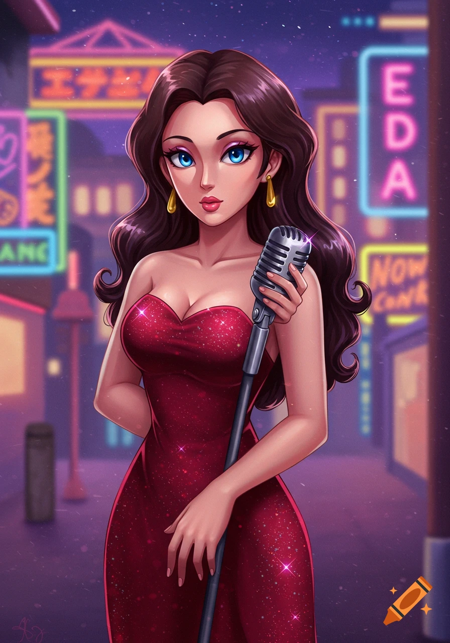 Anime-style illustration of a woman in a red dress holding a microphone on a neon-lit city street at night.